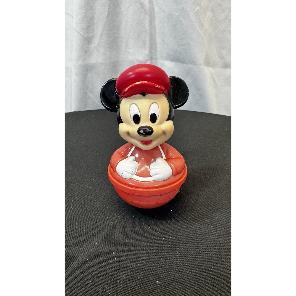 Vintage Disney‎ Baby Mickey Mouse Weeble Wobble Roly Toy Red Hat 4"